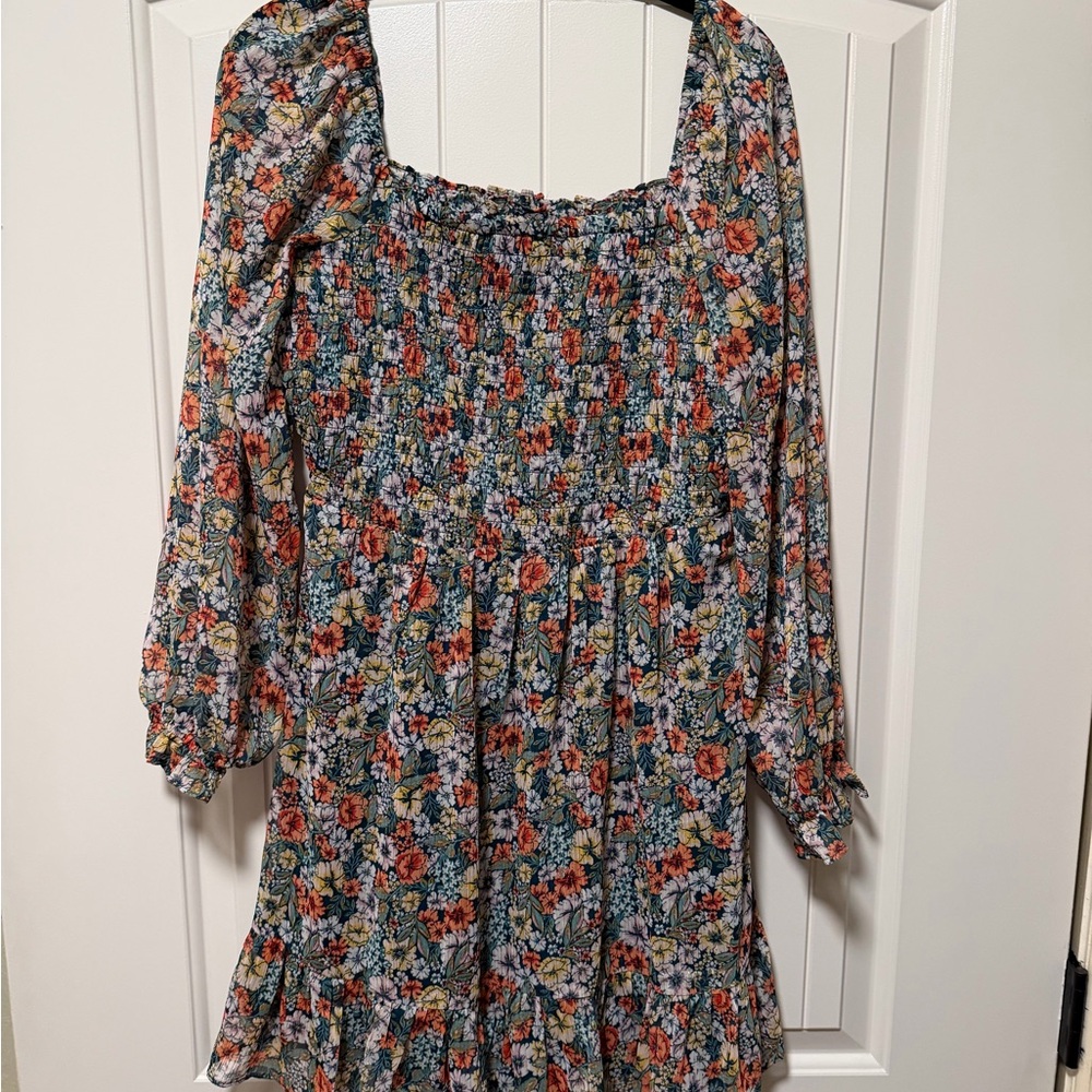 LC Lauren Conrad Teal Floral Smocked Dress